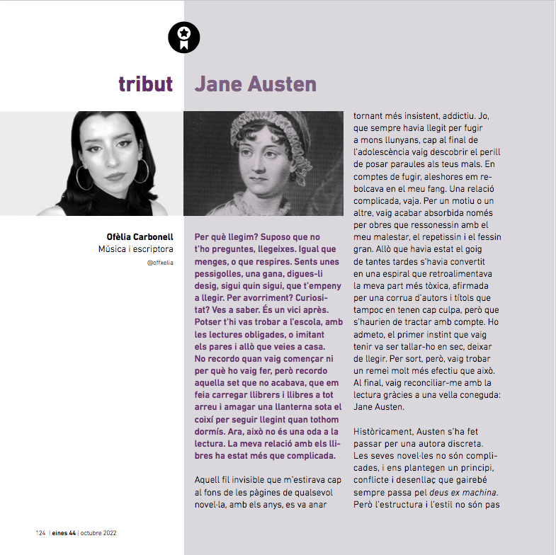 Tribut d'Ofèlia Carbonell a Jane Austen a Eines 44