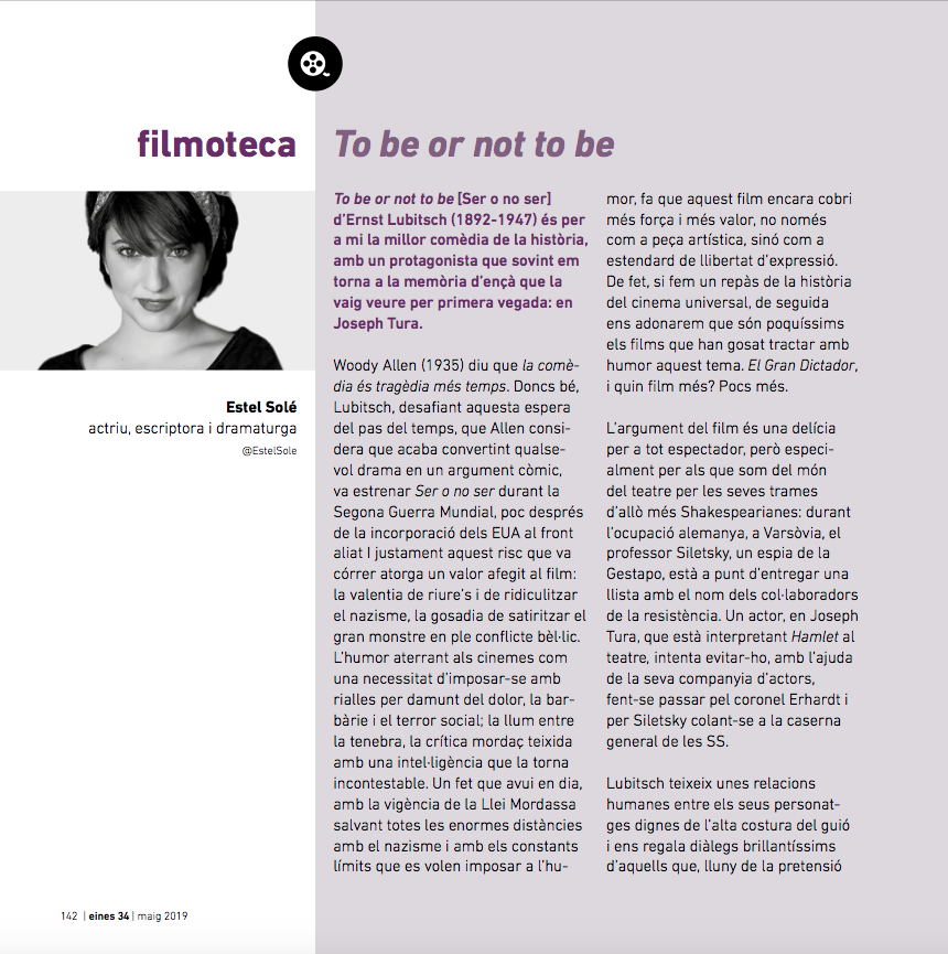 Article d'Estel Solé a Eines 34 sobre el film To be or not to be