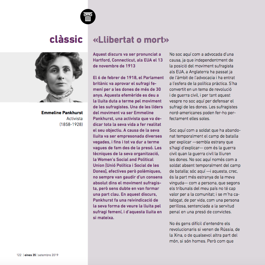 Discurs d'Emmeline Pankhurst recollit a Eines 35