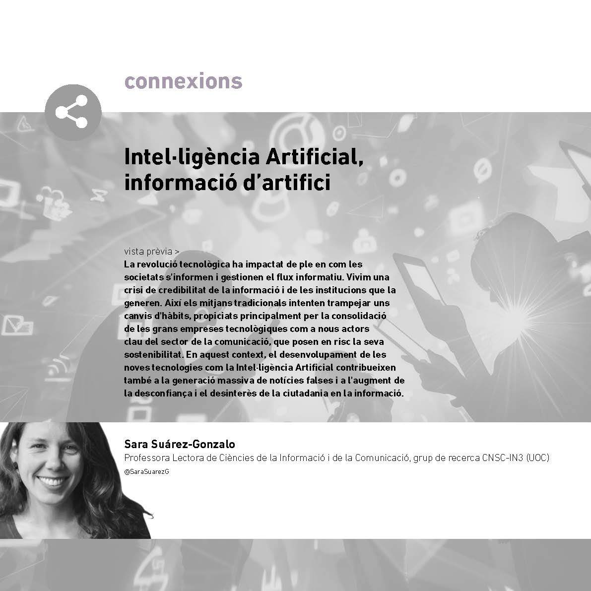 Article de Sara Suárez-Gonzalo sobre Intel·ligència Artificial, informació d’artifici