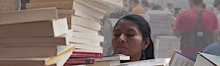 Una dona mira una pila de llibres en una parada de mercat