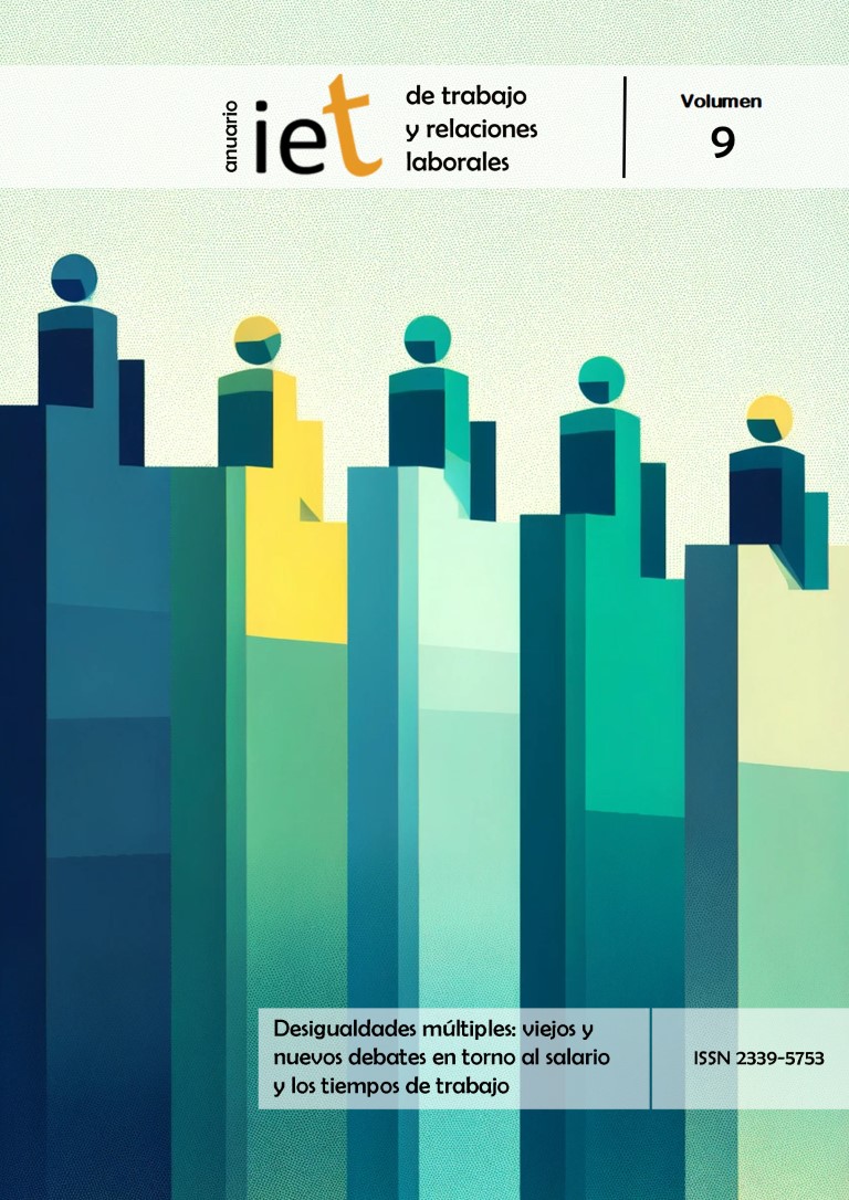 bloques verticales verdes con el título Anuario IET de trabajo y relaciones laborales - volumen 9