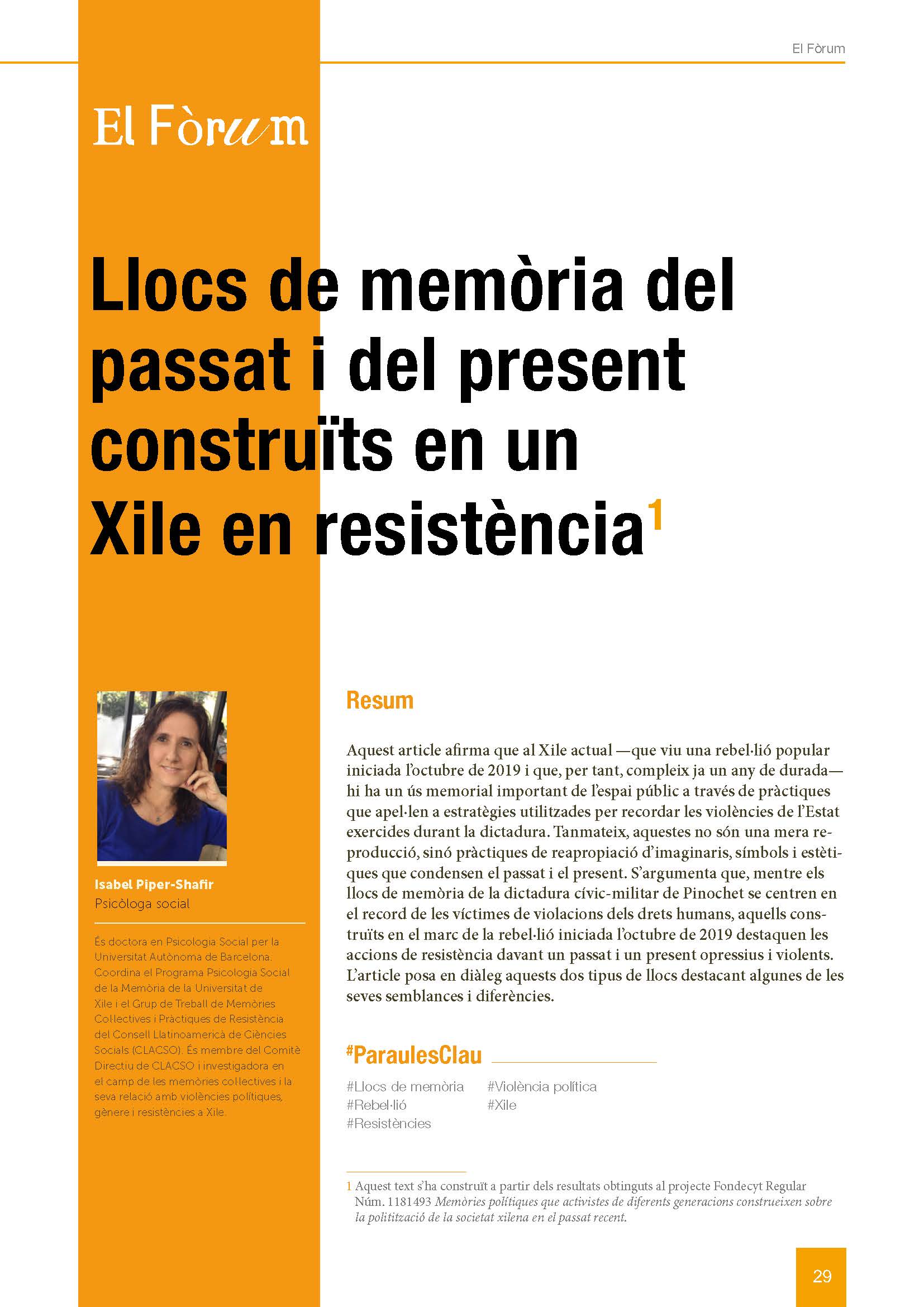 Portada de l'article: Llocs de memòria del passat i del present construïts en un Xile en resistència