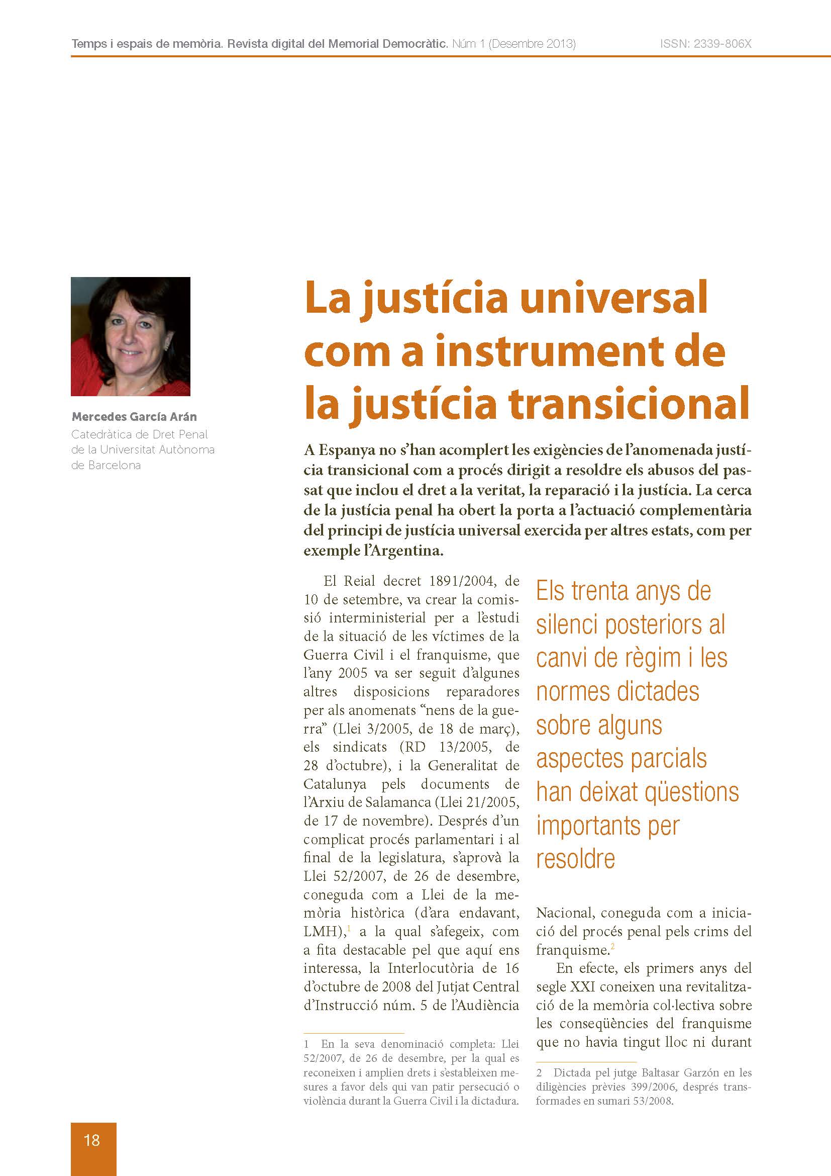 Portada de l'article: La justícia universal com a instrument de la justícia transicional