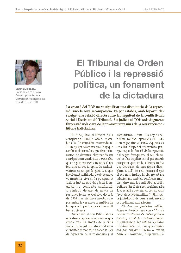 Portada de l'article: El Tribunal de Orden Público i la repressió política, un fonament de la dictadura