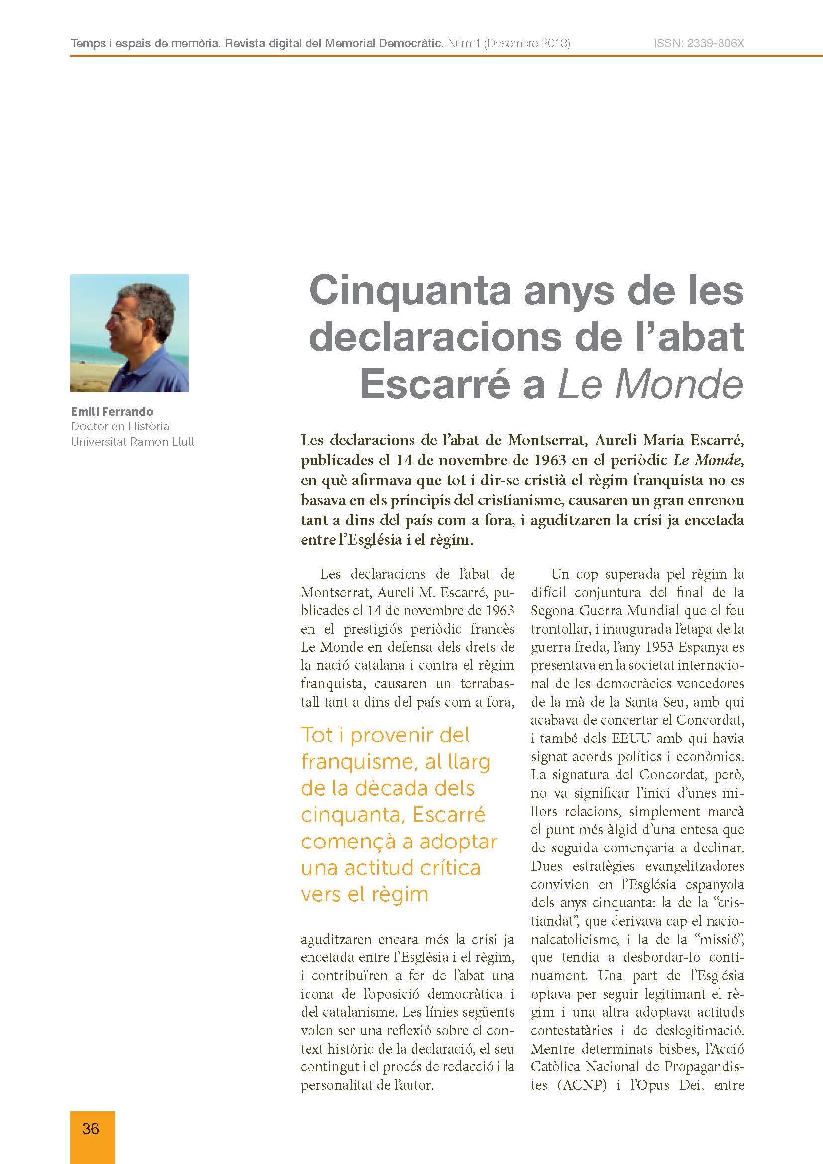 Portada de l'article: Cinquanta anys de les declaracions de l’abat Escarré a Le Monde