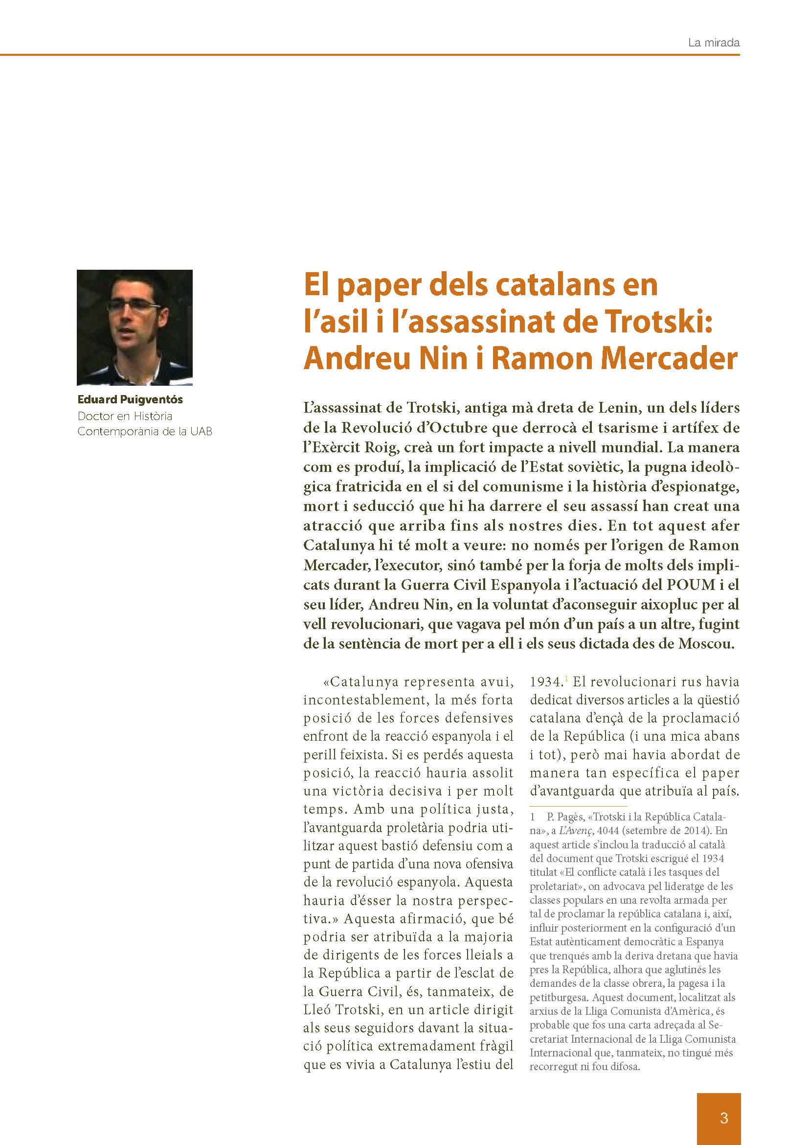 Portada de l'article: El paper dels catalans en l'assassinat de Trotski. Andreu Nin i Ramon Mercader