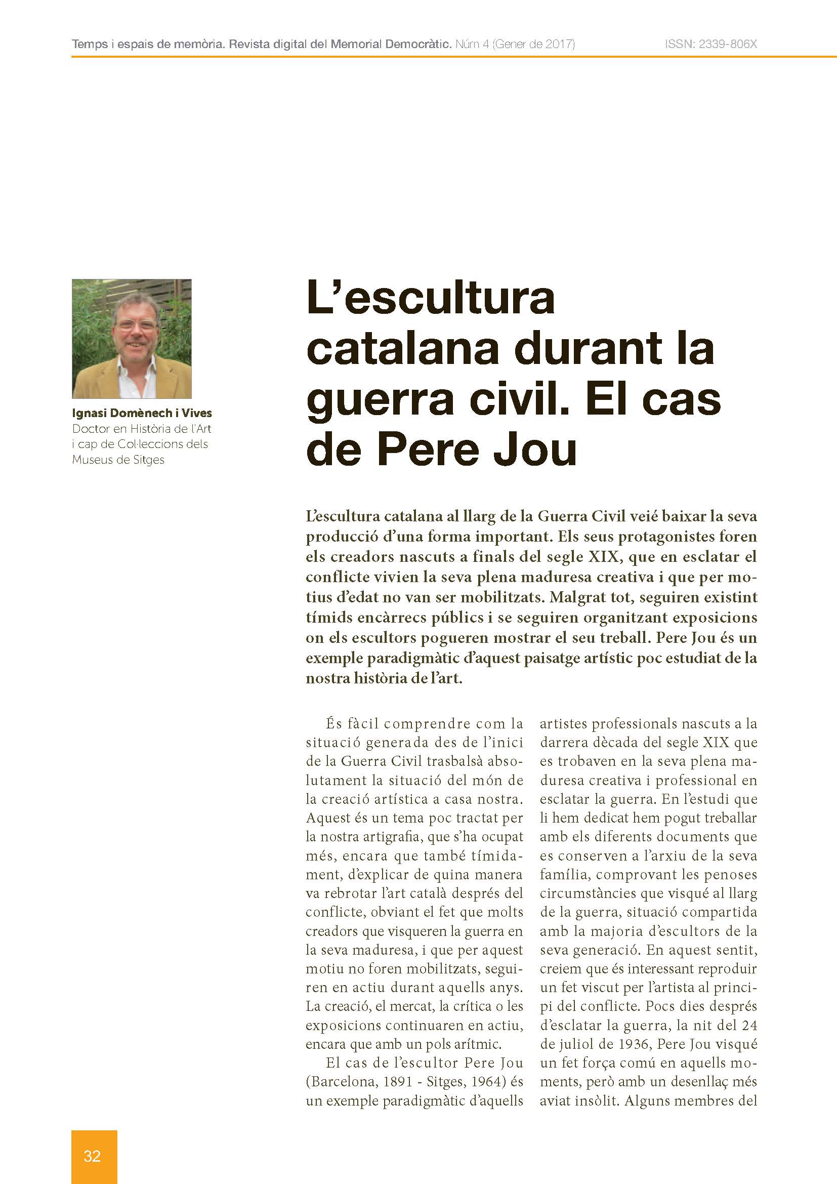 Portada de l'article: L’escultura catalana durant la guerra civil. El cas de Pere Jou