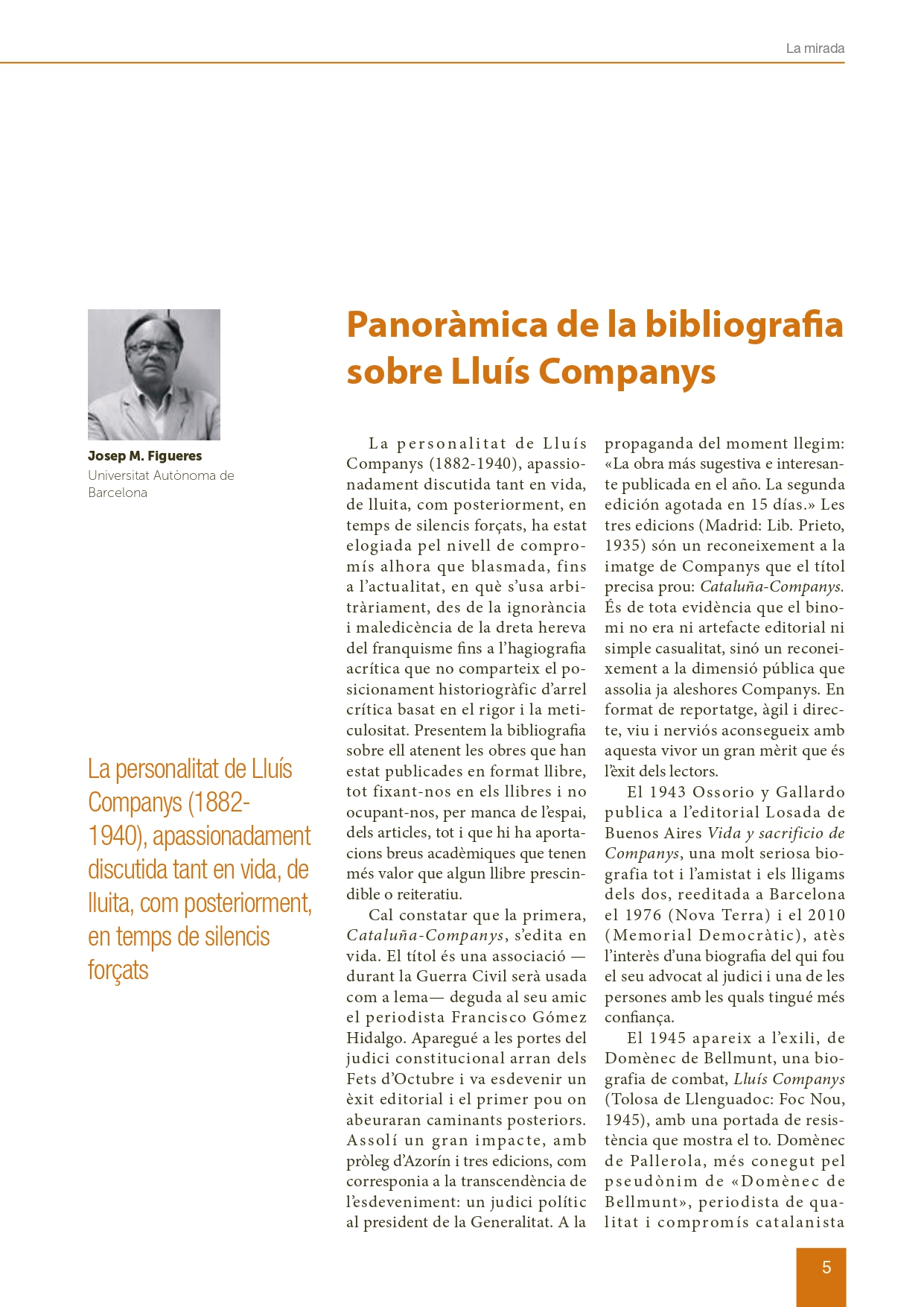 Portada de l’article: Panoràmica de la bibliografia sobre Lluís Companys