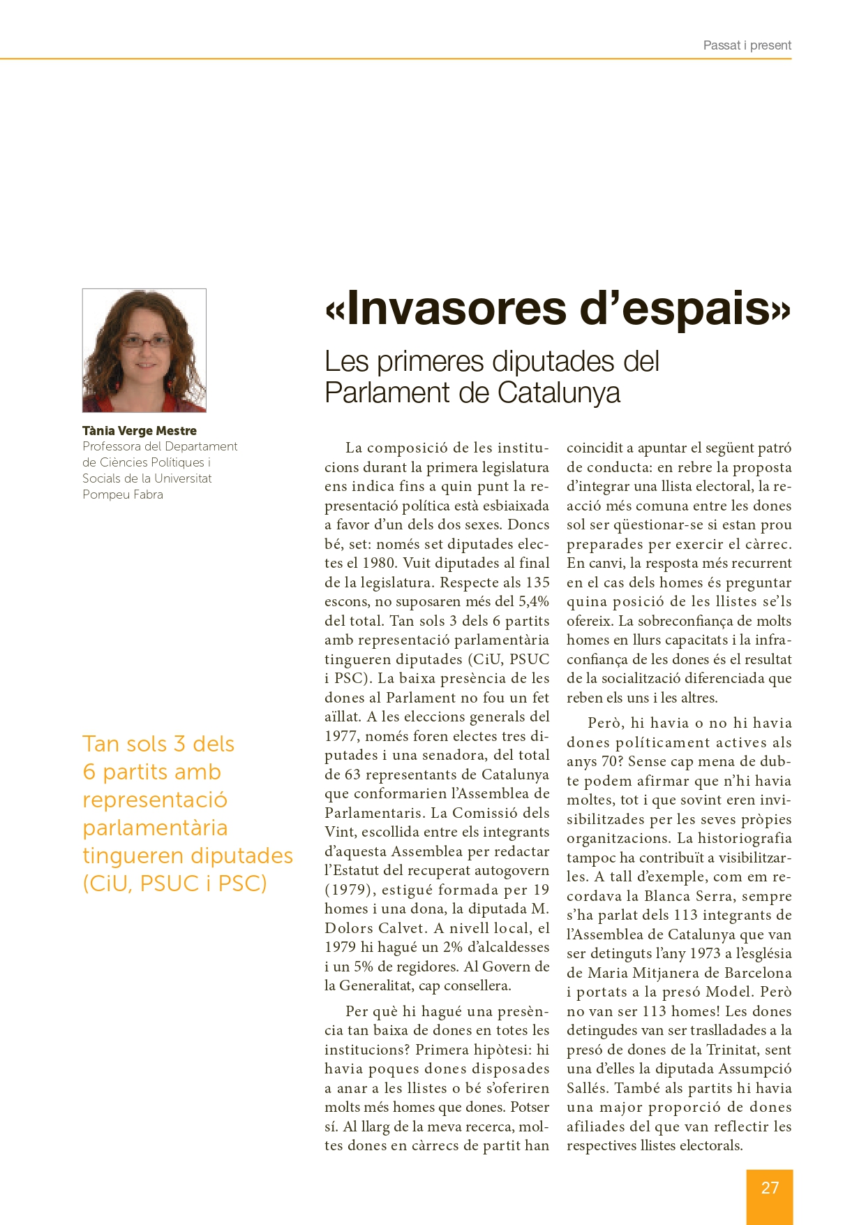 Portada de l’article: «Invasores d’espais» les primeres diputades del Parlament de Catalunya