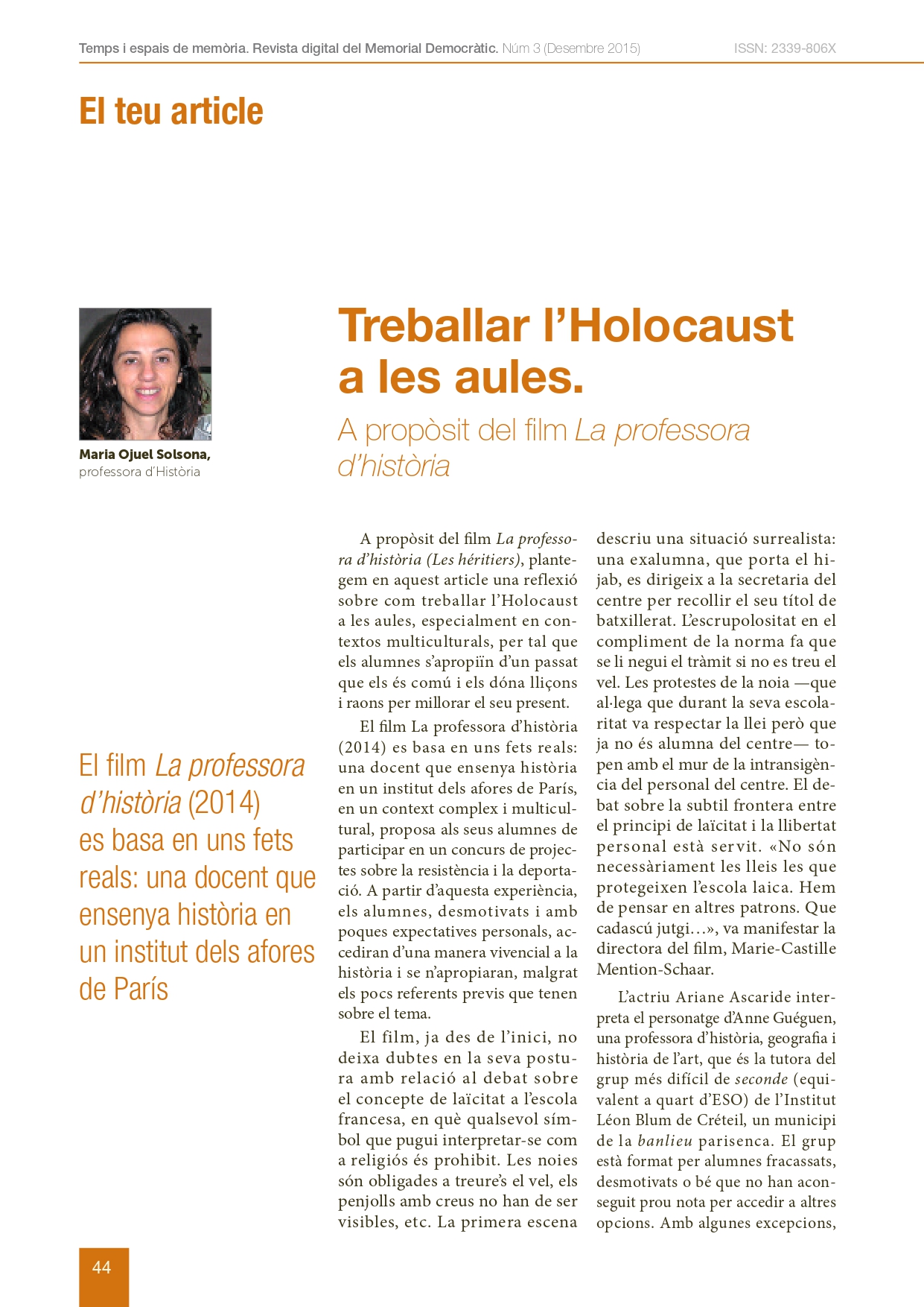 Portada de l’article:Treballar l’Holocaust a les aules. A propòsit del film 'La professora d’història'