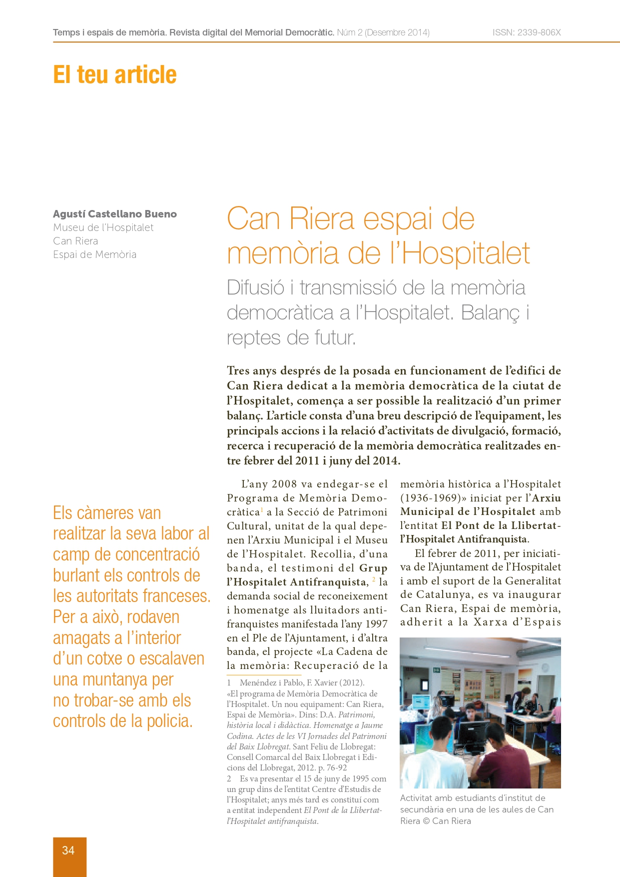 Portada de l’article: Can Riera espai de memòria de l'Hospitalet