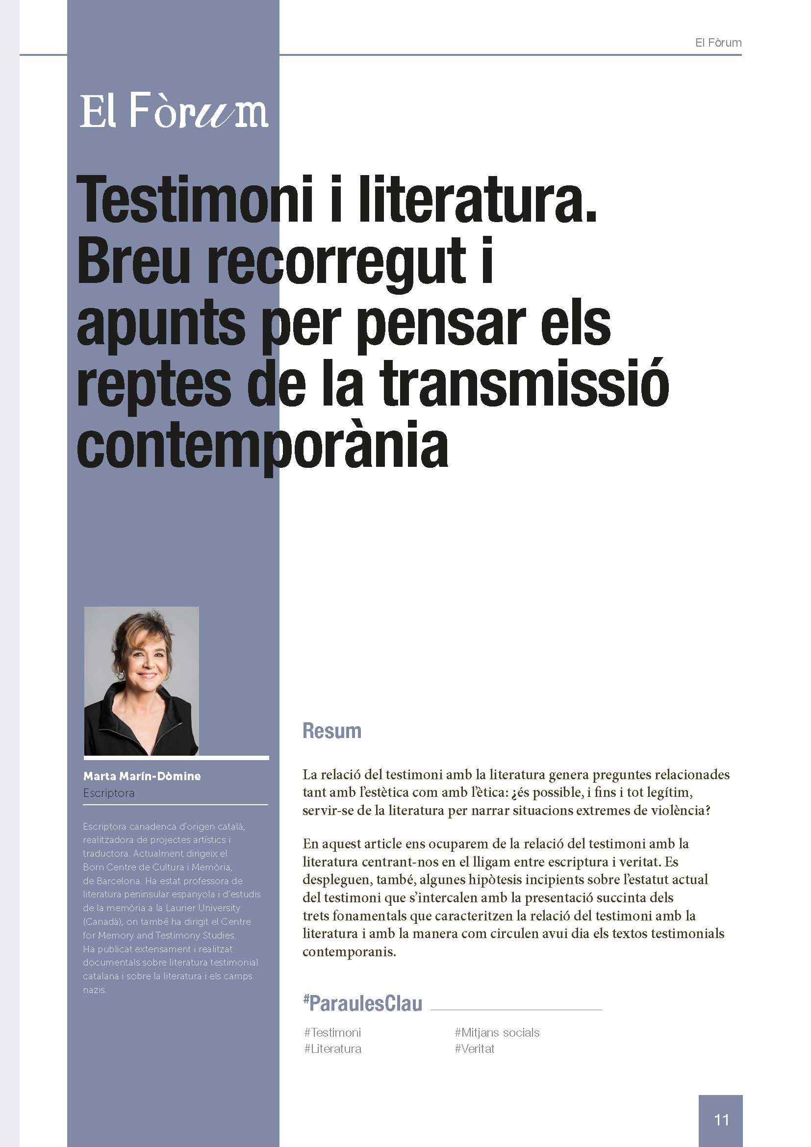 Testimoniatge i literatura. Breu recorregut i apunts per pensar els reptes de la transmissió