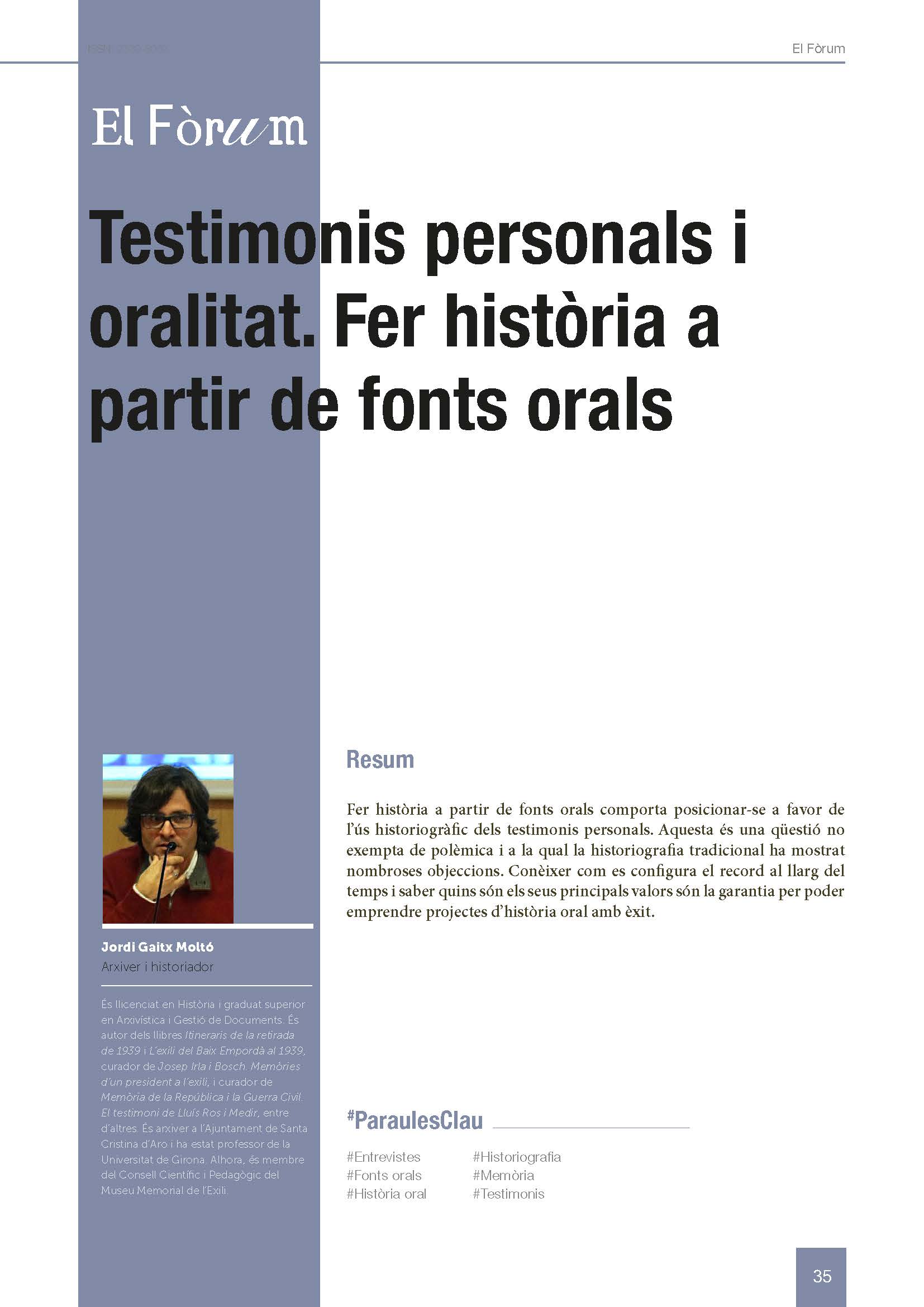 Portada de l'article: Testimonis personals i oralitat. Fer història a partir de fonts orals