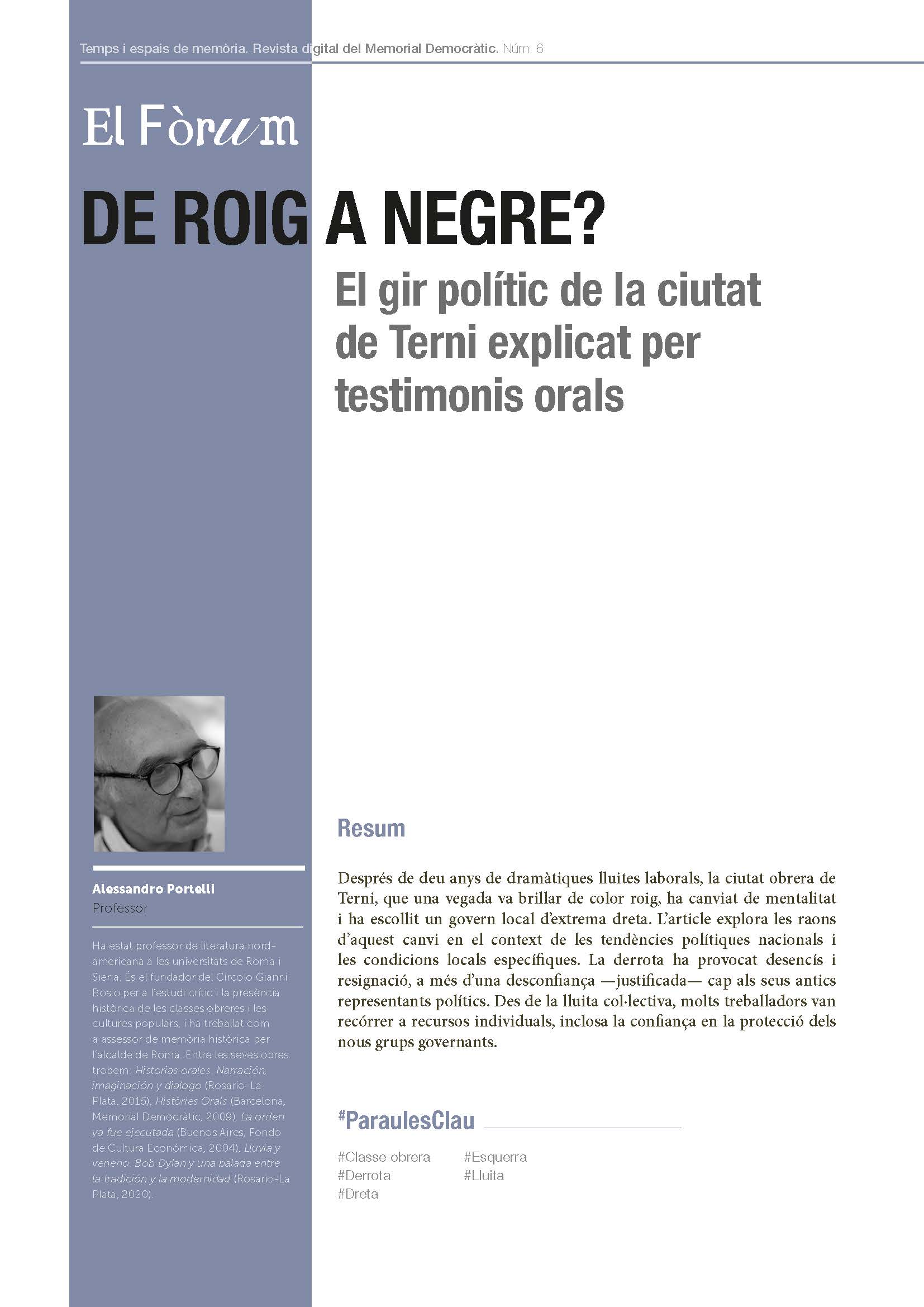 Portada de l'article: De roig a negre. El gir polític de la ciutat de Terni explicat per testimonis orals