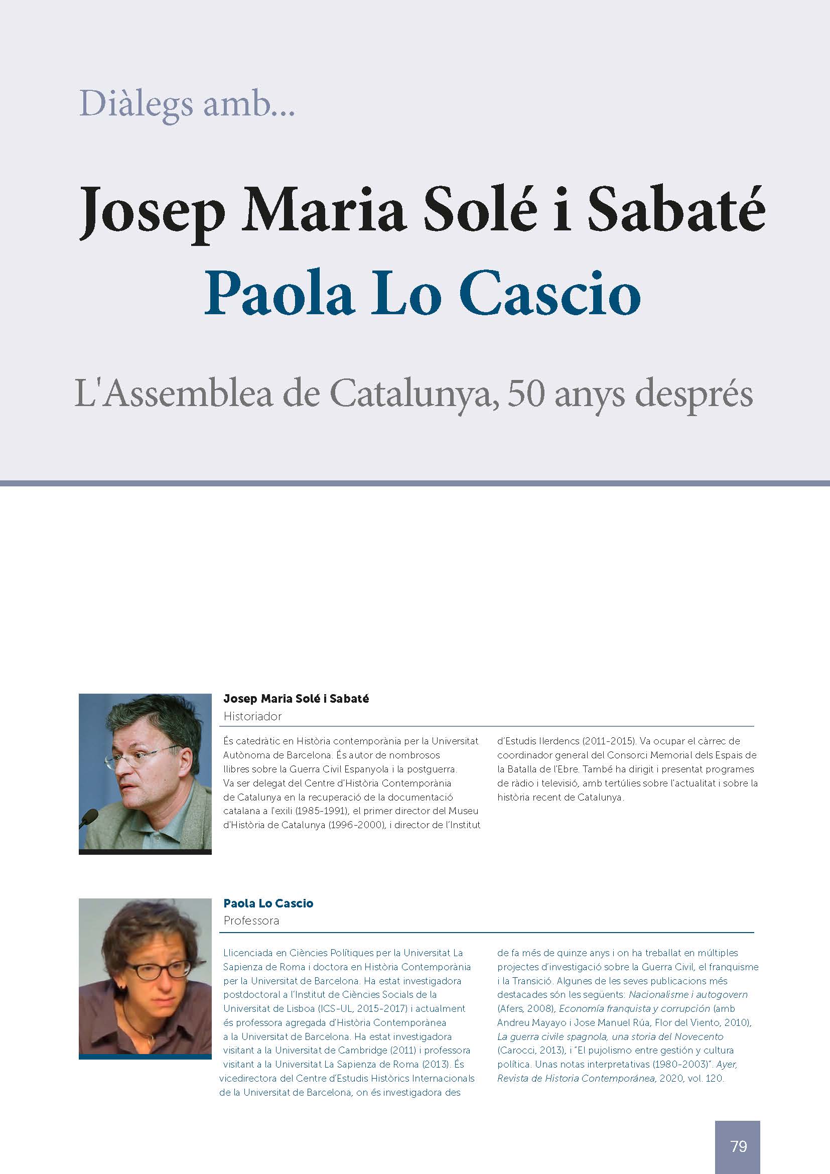 Portada de l'article: Josep Maria Solé i Sabaté. Paola Lo Cascio. L'Assemblea de Catalunya 50 anys després