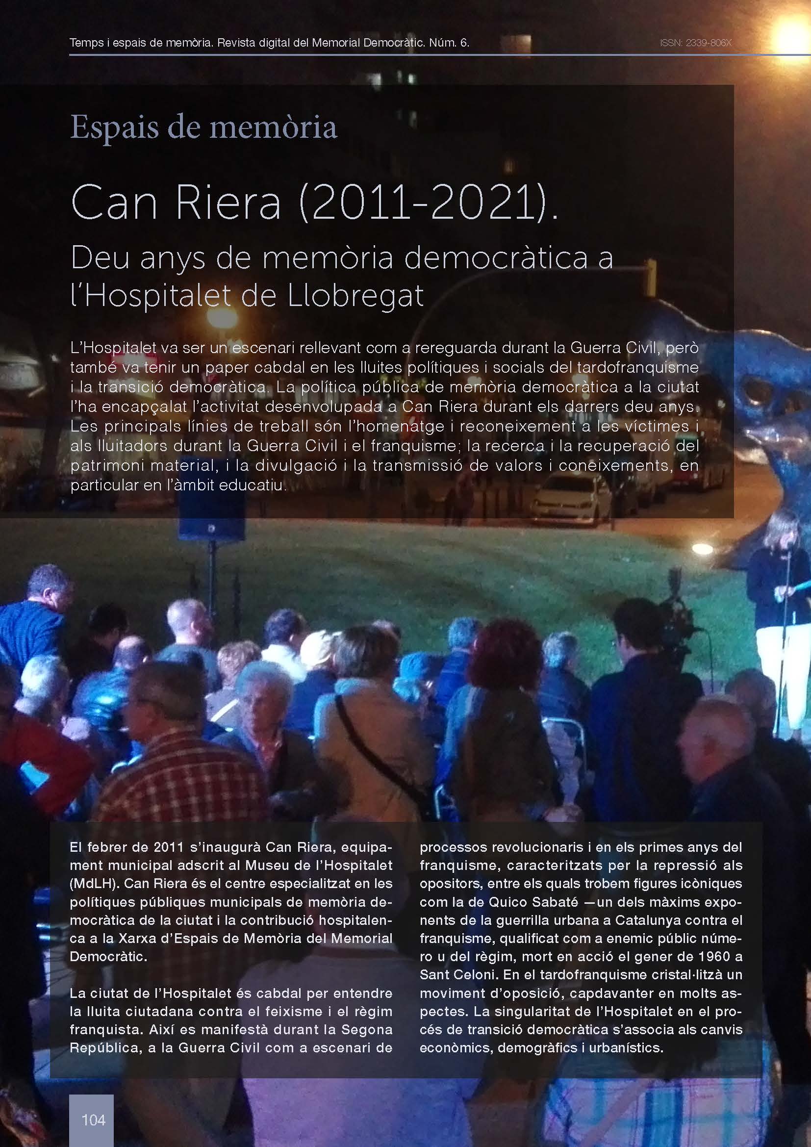 Portada de l'article: Can Riera (2011-2021). Deu anys de memòria democràtica a l'Hospitalet de Llobregat