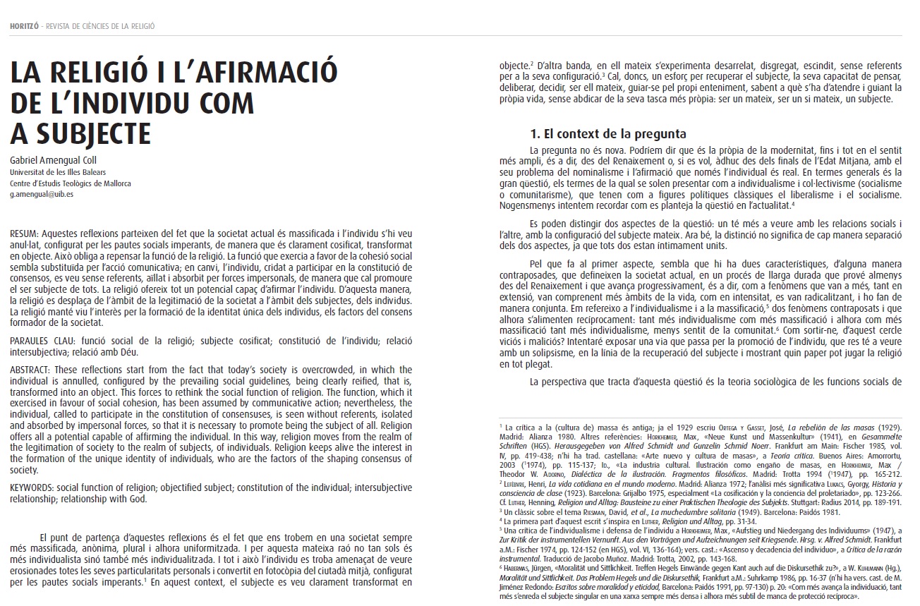 La religió i l'afirmació de l'individu com a subjecte. Religion and the affirmation of the individual as a subject