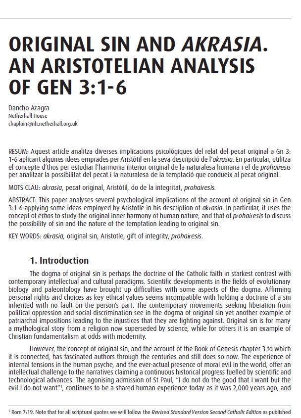 Original sin and akrasia: an aristotelian analysis of Gen 3:1-6