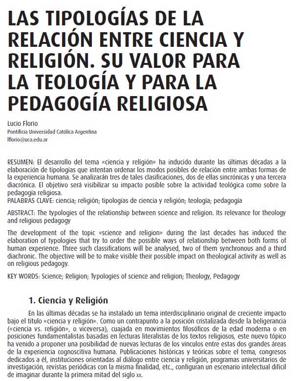 Las tipologías de relación entre Ciencia y Religión. Su valor para la Teología y para la Pedagogía religiosa.